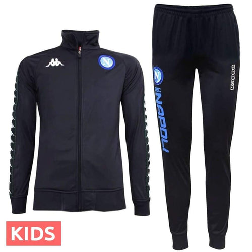 Kids Napoli soccer tracksuit in black with blue Napoli logo and white Kappa branding