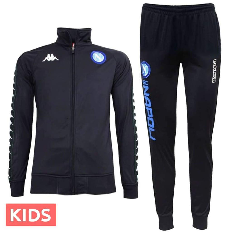 Kids Napoli soccer tracksuit in black with blue Napoli logo and white Kappa branding
