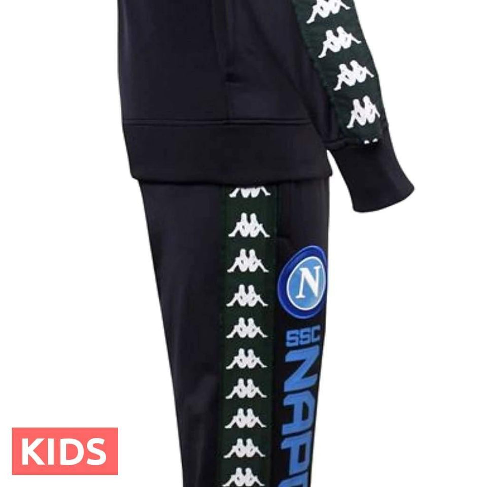 Kids Napoli soccer tracksuit in black with white logos and blue SSC Napoli branding on pants