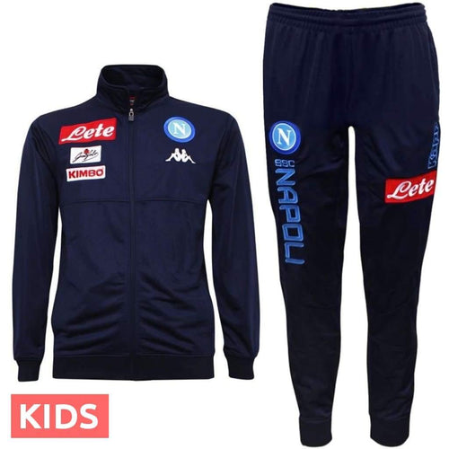 Napoli kids soccer tracksuit with navy blue jacket and pants featuring Napoli and sponsor logos