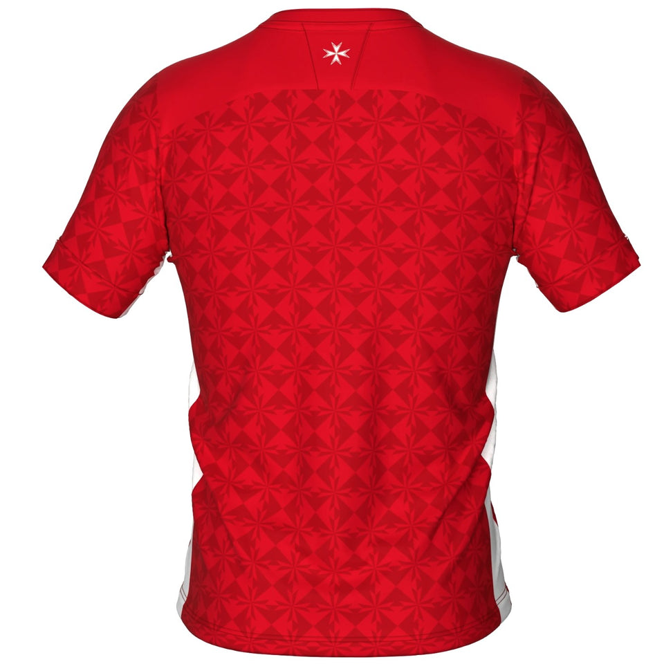 Back view of the Malta national soccer jersey 2022 in red with a stylish geometric pattern