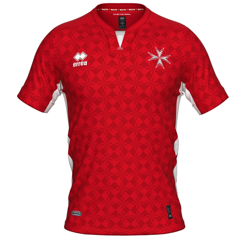 Red Malta national soccer jersey 2022 featuring a unique pattern and logo for team support
