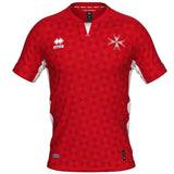 Red Malta national soccer jersey 2022 featuring a unique pattern and logo for team support