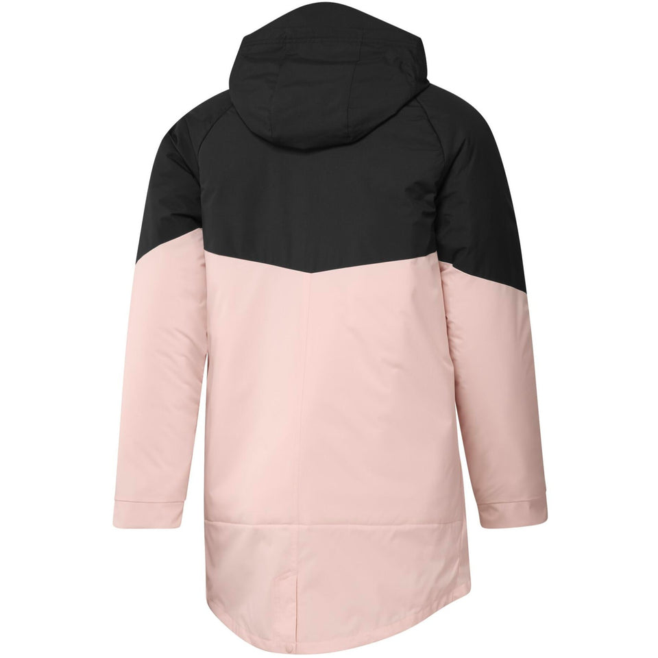 Back view of Manchester United down parka jacket 2023 in pink and black with a hood