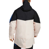 Back view of Manchester United down parka jacket 2023 in black and pink, perfect for winter sports fans