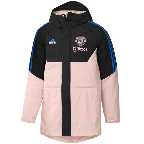 Manchester United down parka jacket 2023 with black and pink design and hood for warmth