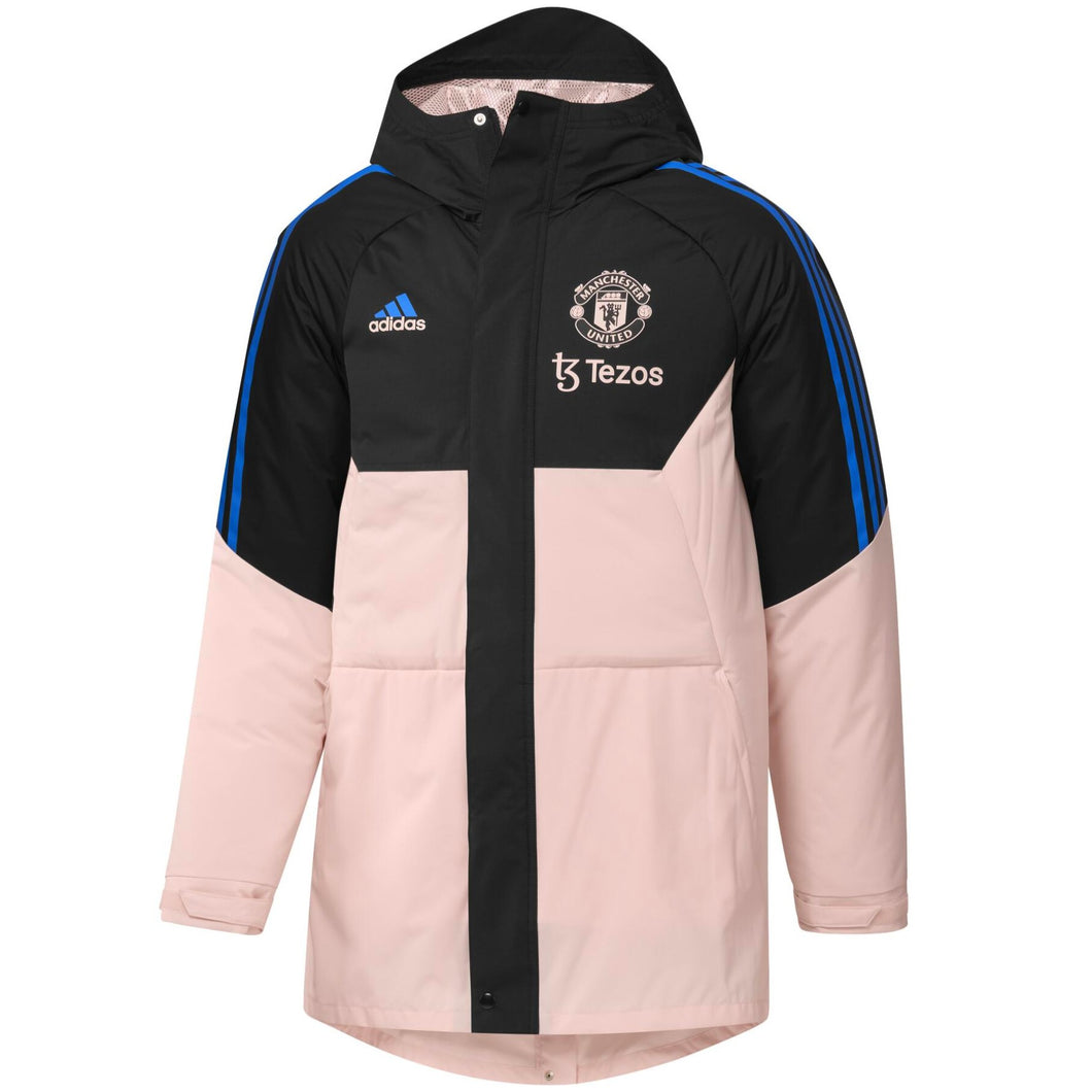 Manchester United down parka jacket 2023 with black and pink design and hood for warmth