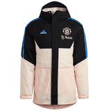 Manchester United down parka jacket 2023 in black and pink with Adidas logo and stylish design
