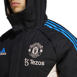 Manchester United down parka jacket 2023 featuring the logo and blue Adidas stripes