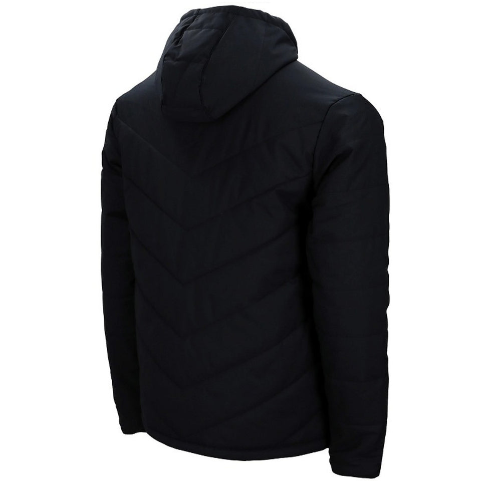 Back view of Mizuno Lazio bomber jacket in black with a stylish quilted design and hood