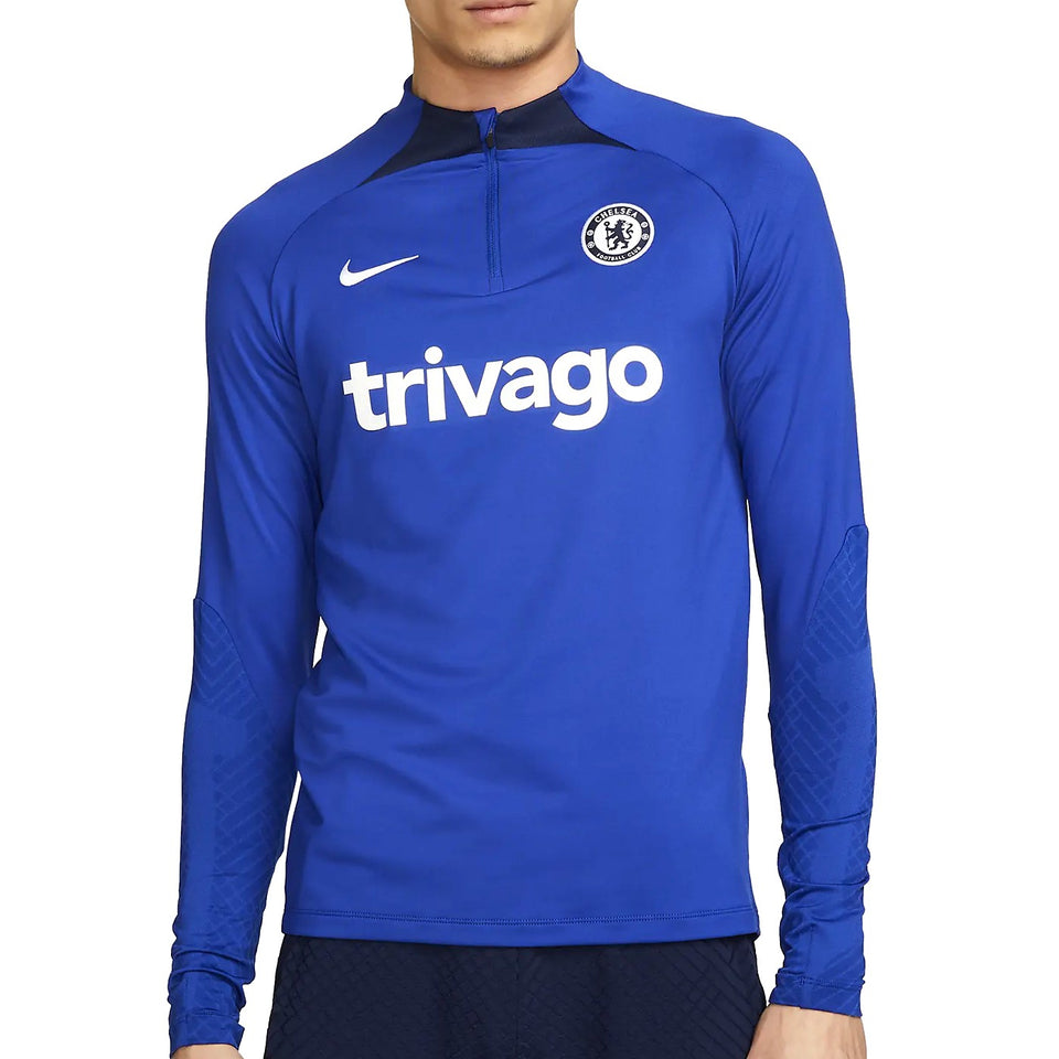Chelsea training tracksuit 2022 2023 top in blue with Nike logo and Trivago sponsor branding