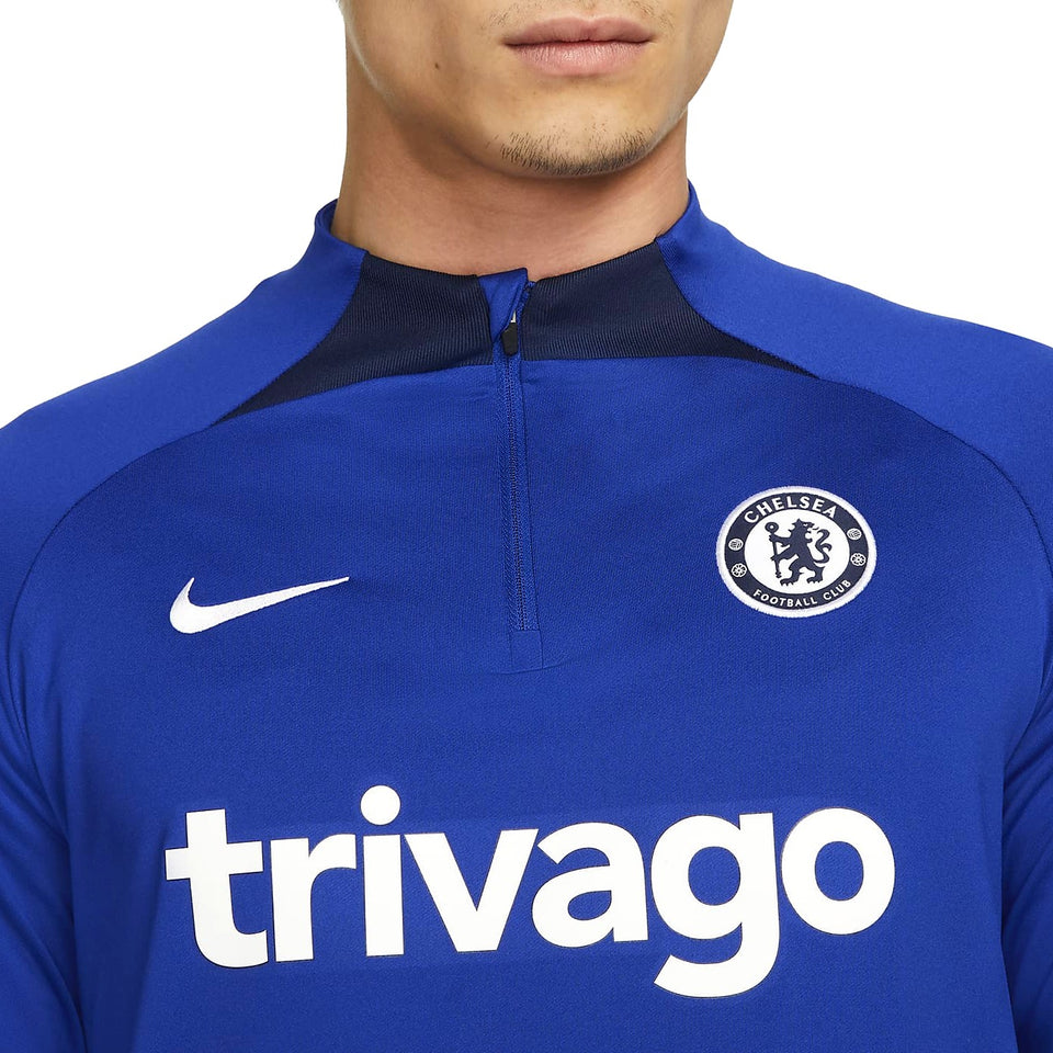 Close-up of Chelsea training tracksuit 2022 2023 blue top with Nike logo and trivago sponsor