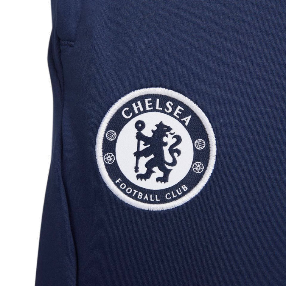 Close-up of Chelsea training tracksuit 2022 2023 logo embroidered on navy blue fabric