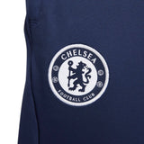 Close-up of Chelsea training tracksuit 2022 2023 logo embroidered on navy blue fabric
