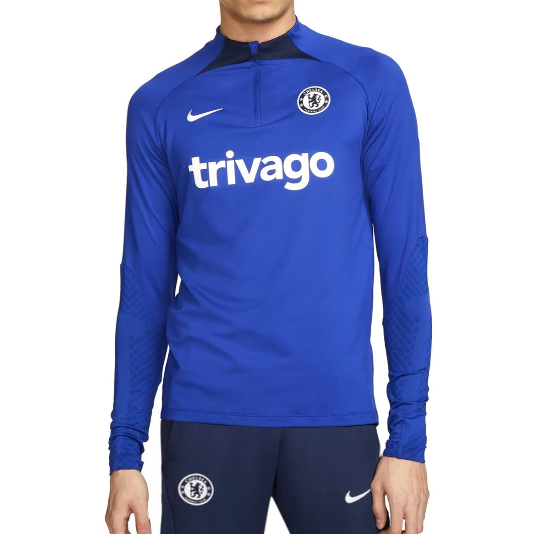 Chelsea training tracksuit 2022 2023 blue top and pants with trivago and Nike logos