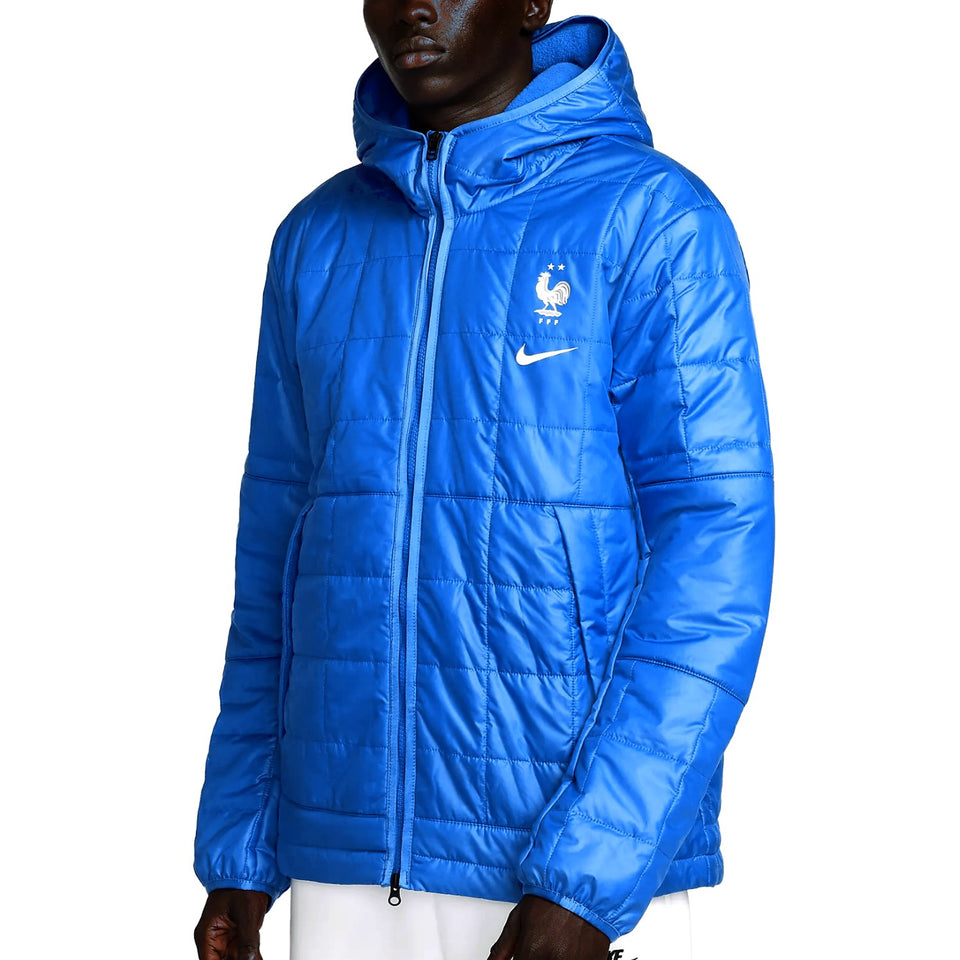 Nike France bomber jacket 2022 in blue with quilted design and iconic logo for stylish warmth
