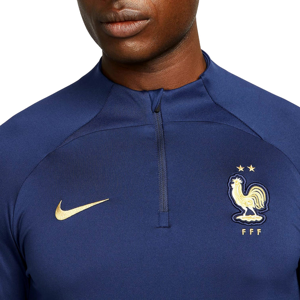 Close-up of Nike France training tracksuit 2022 featuring the FFF logo and iconic design