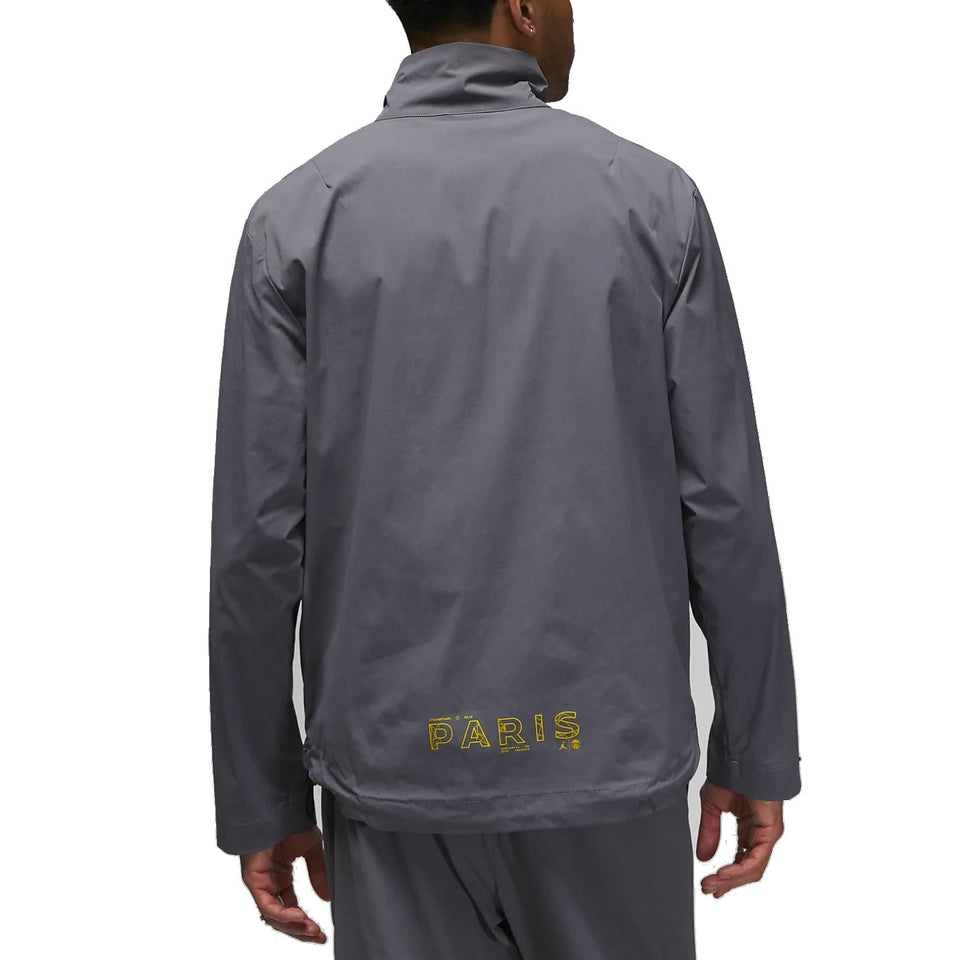 Back view of grey Jordan PSG presentation suit jacket with Paris logo on lower back