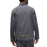 Back view of grey Jordan PSG presentation suit jacket with Paris logo on lower back