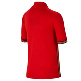 Back view of a red kids Portugal soccer jersey with striped sleeve cuffs and side details