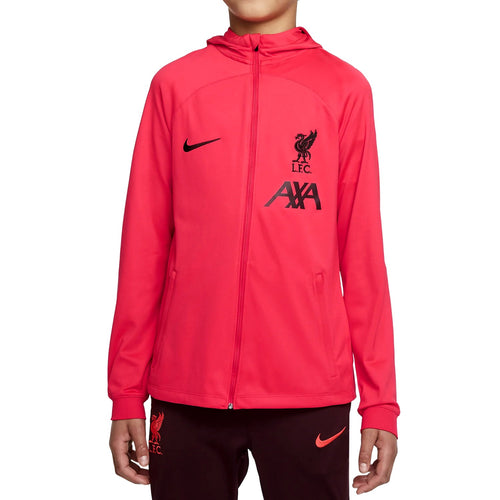 Liverpool soccer tracksuit for kids in red with hooded jacket and black pants on SoccerTracksuits.com