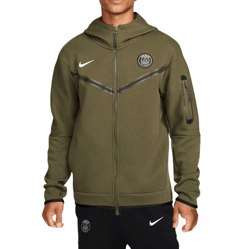 PSG Tech Fleece tracksuit green full zip jacket with hood and PSG and Nike logos
