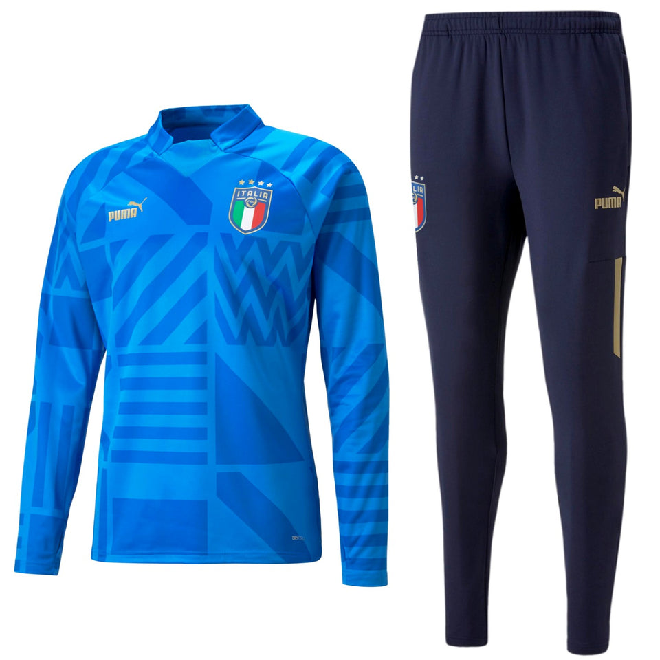Puma Italy pre-match training suit in blue with long sleeves and matching pants for soccer practice