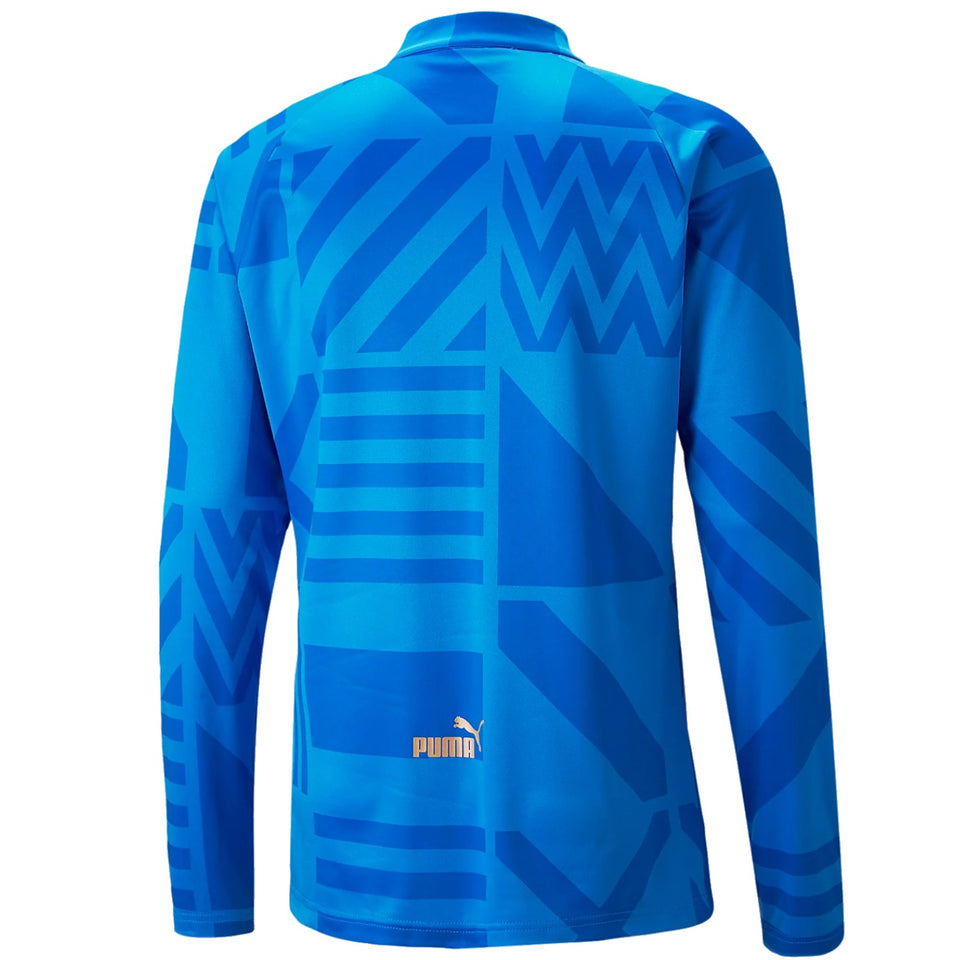 Puma Italy pre-match training suit in blue featuring geometric patterns for athletic wear