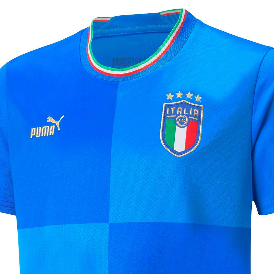 Blue kids Italy soccer jersey 2022 with Italia crest and Puma logo on SoccerTracksuits.com