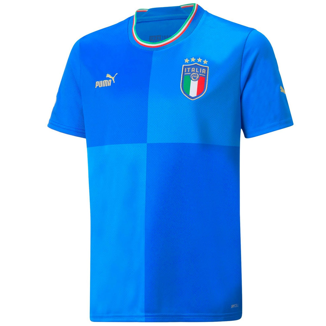 Kids Italy soccer jersey 2022 blue Puma short sleeve shirt with Italy crest and four stars
