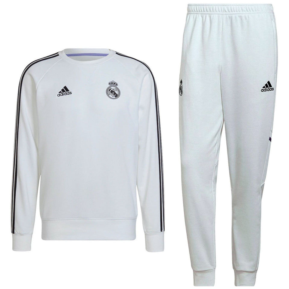 Real Madrid training sweat tracksuit 2022 in white with black stripes and team logo
