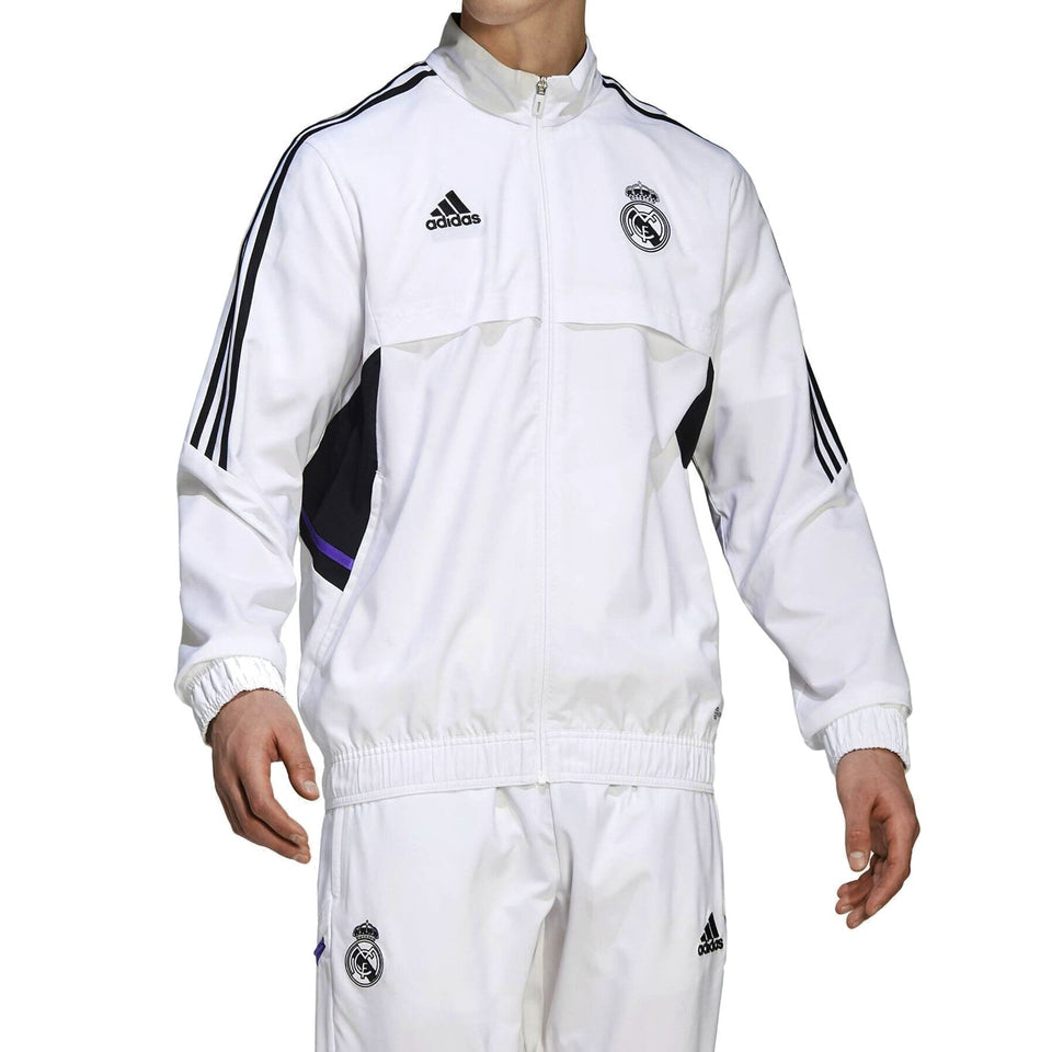 Real Madrid white presentation tracksuit 2022 with official logo and sporty design for fans