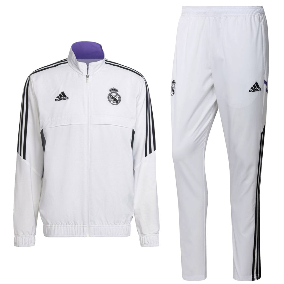 Real Madrid white presentation tracksuit 2022 with zip-up jacket and matching pants from Adidas