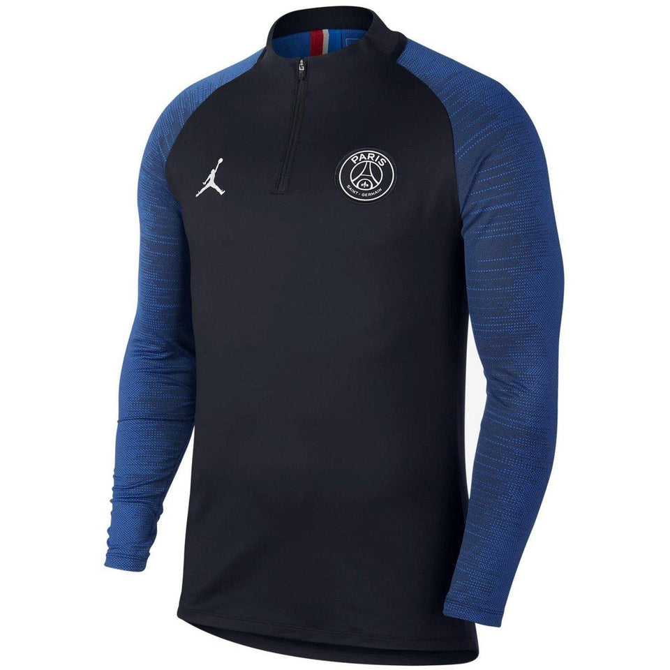 Youth Jordan PSG football apparel long sleeve black and blue quarter zip training top