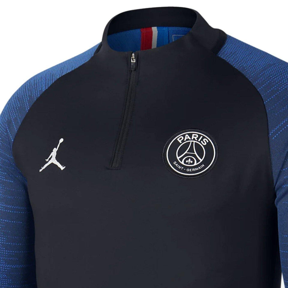 Youth Jordan PSG football apparel black and blue quarter zip training top with Paris Saint-Germain logo